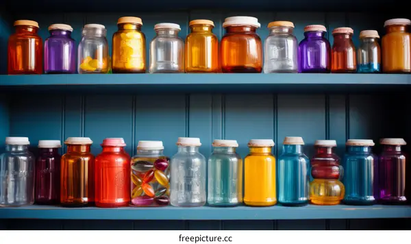 colorful glass bottles on blue wooden shelves