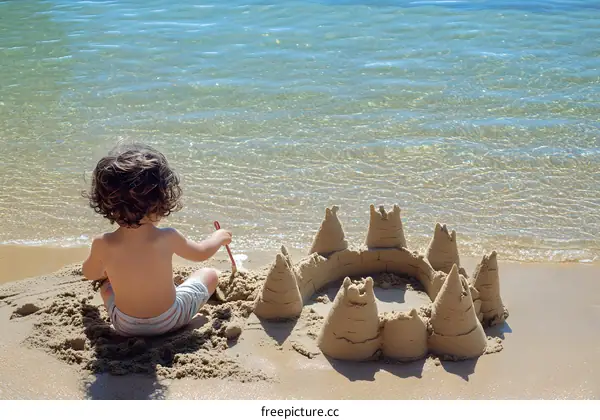 Child Building Sandcastle on Beach