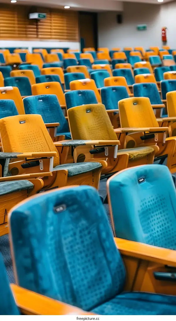 Auditorium Seats in Rows With Blue And Yellow Upholstery