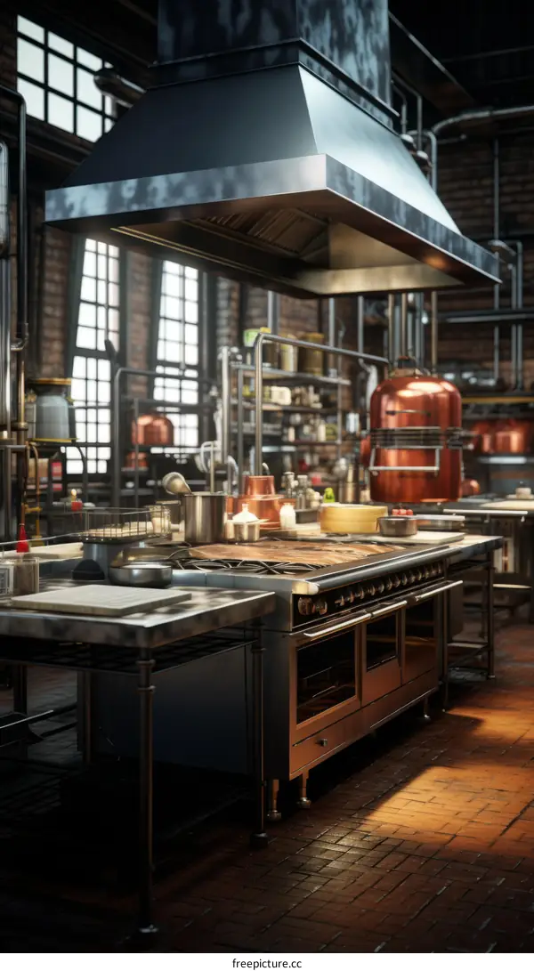 An industrial kitchen with a large stove and hood
