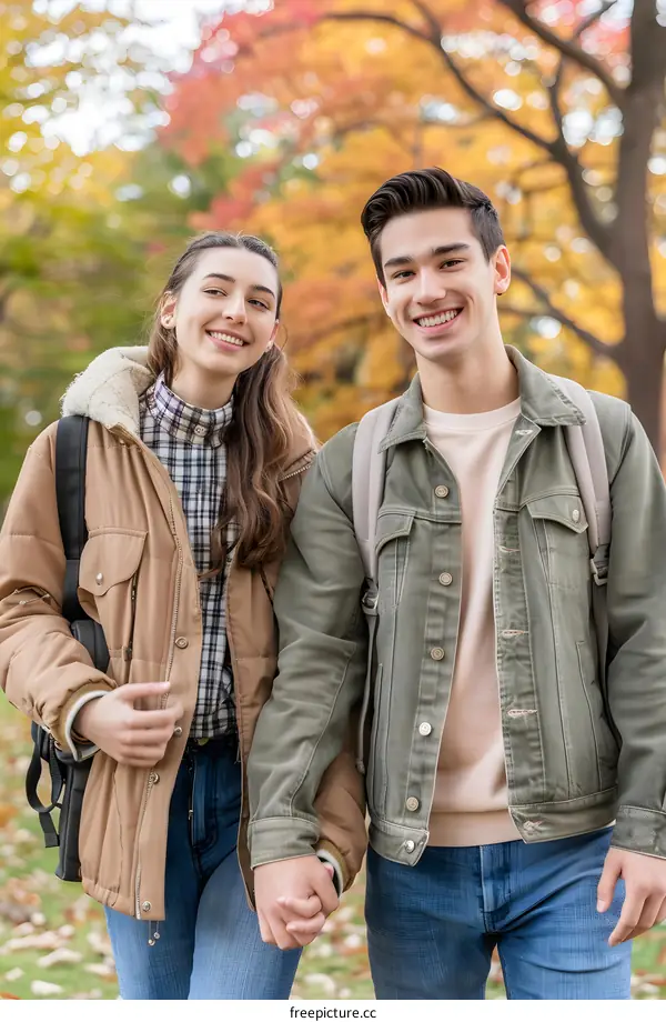 Young Couple Holding Hands in Autumn Park