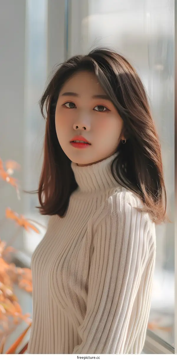 Asian Woman in White Knit Sweater Looking at Camera