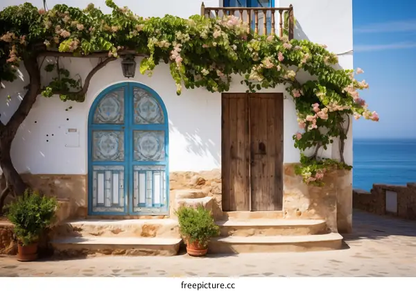 A beautiful Mediterranean house with a blue door and a wooden door