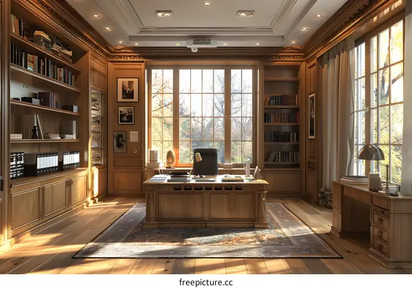 Luxurious wooden home office library with large windows
