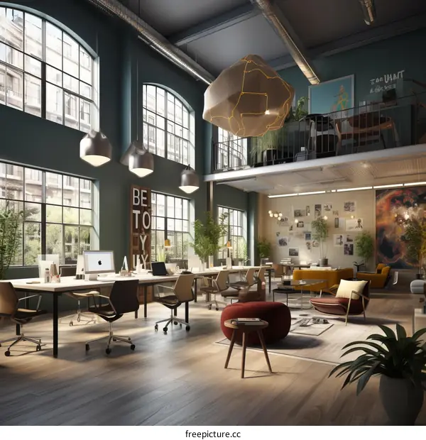 Modern office interior with large windows, plants, and a mezzanine