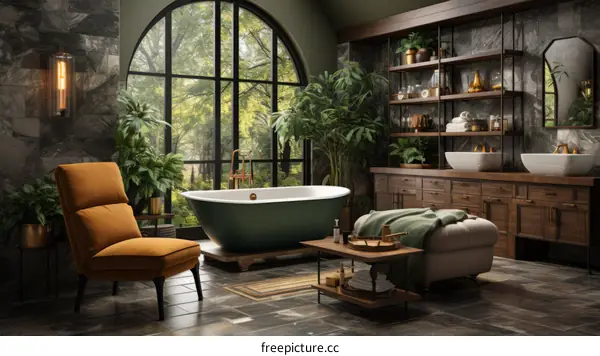 Bathroom With Large Windows and Plants