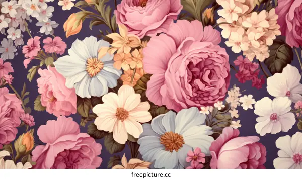 Vintage floral seamless pattern with pink and white roses, peonies, and other flowers on a dark background