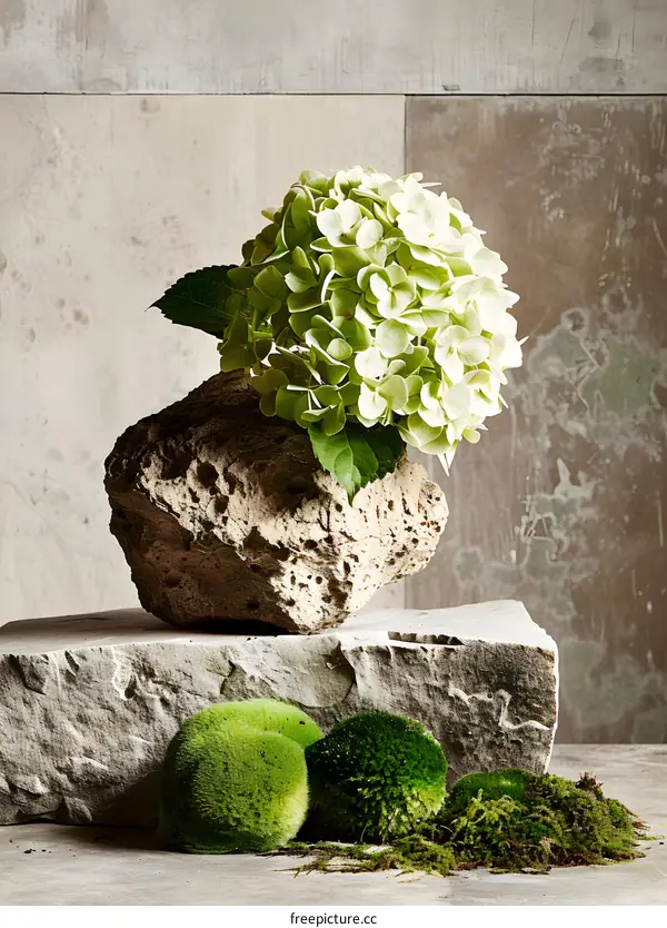 Green Hydrangea Flowers in a Stone Vase on a Stone Base