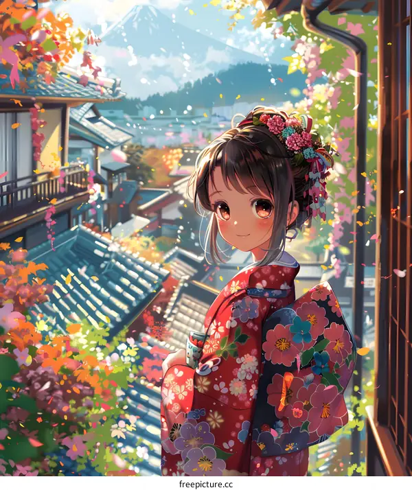 A beautiful anime girl standing in a traditional Japanese street with cherry blossoms