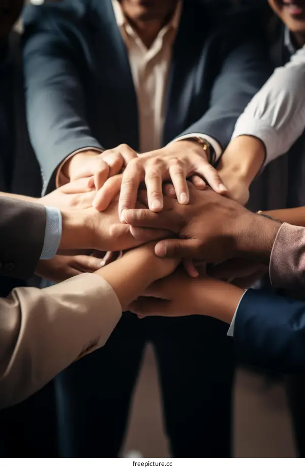 Multiracial business team joining hands together over dark background