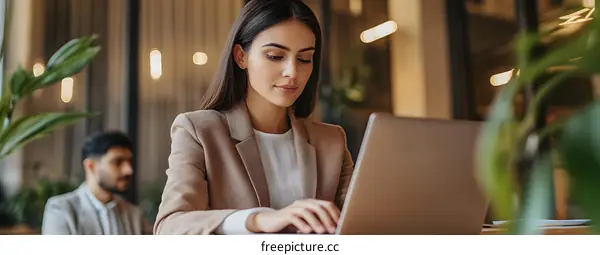 Woman in Beige Blazer Using Laptop in Office Setting