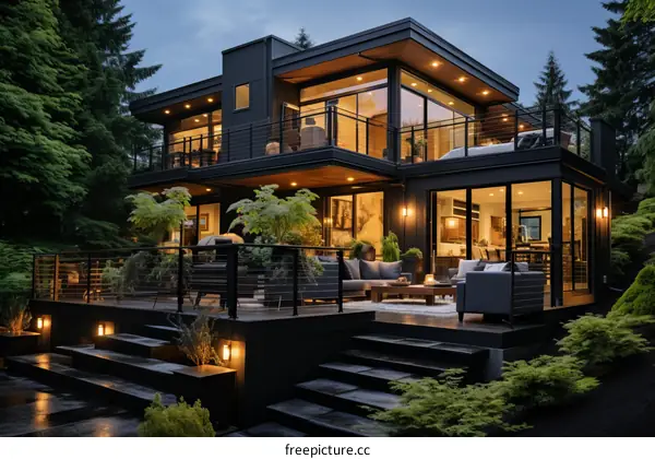 Black house with large glass windows surrounded by trees