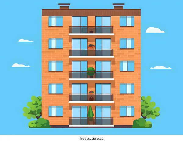 Modern Brick Building With Balconies and Plants