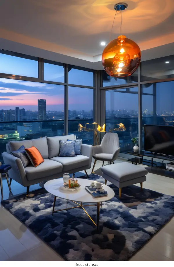Modern living room interior with sofa, chair, coffee table and television