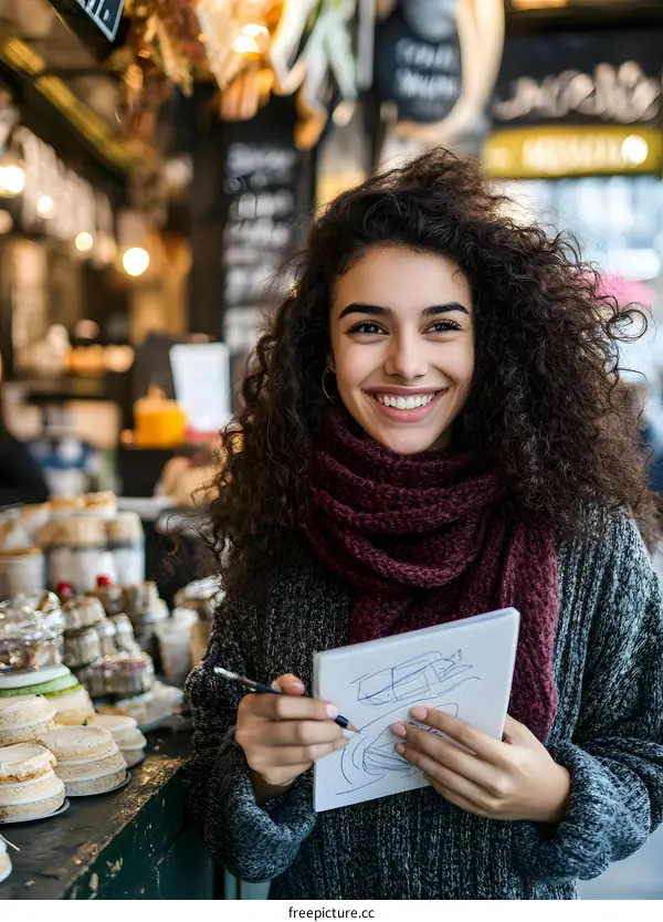 Smiling Woman Drawing in a Notebook at a Market
