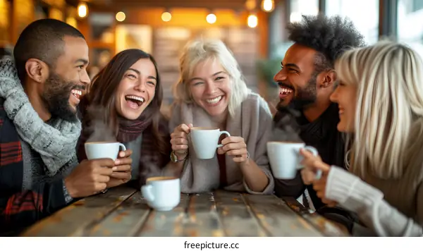 A group of friends laughing and drinking coffee in a cafe