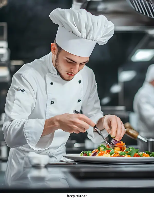 Professional Chef Preparing a Delicious Dish in a Restaurant Kitchen