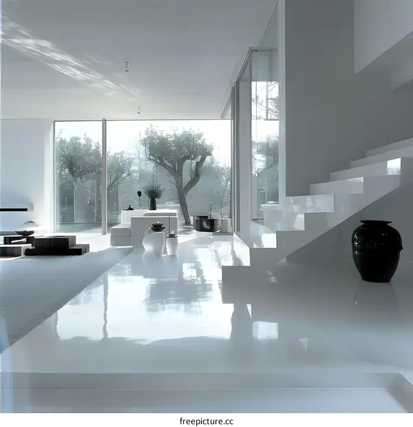 Modern Minimalist White Interior Design with Large Windows and Staircase