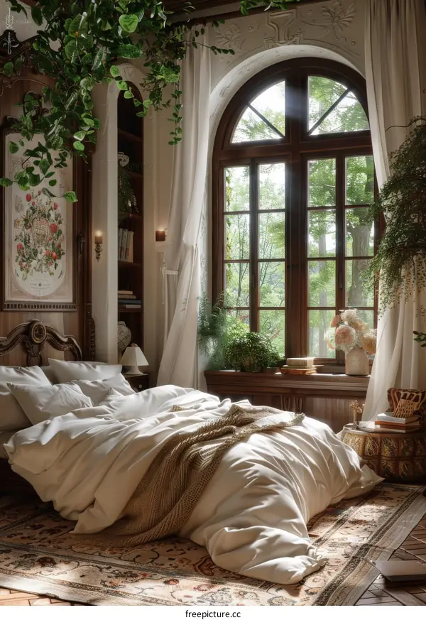 Elegant Vintage Bedroom with Lush Greenery