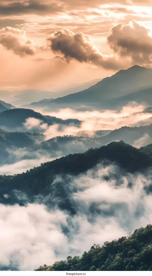 Mountain Range with Foggy Sky and Clouds