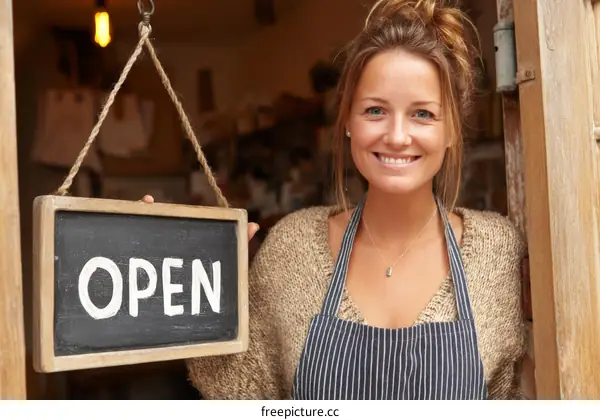 Woman Small Business Owner Smiling at Doorway