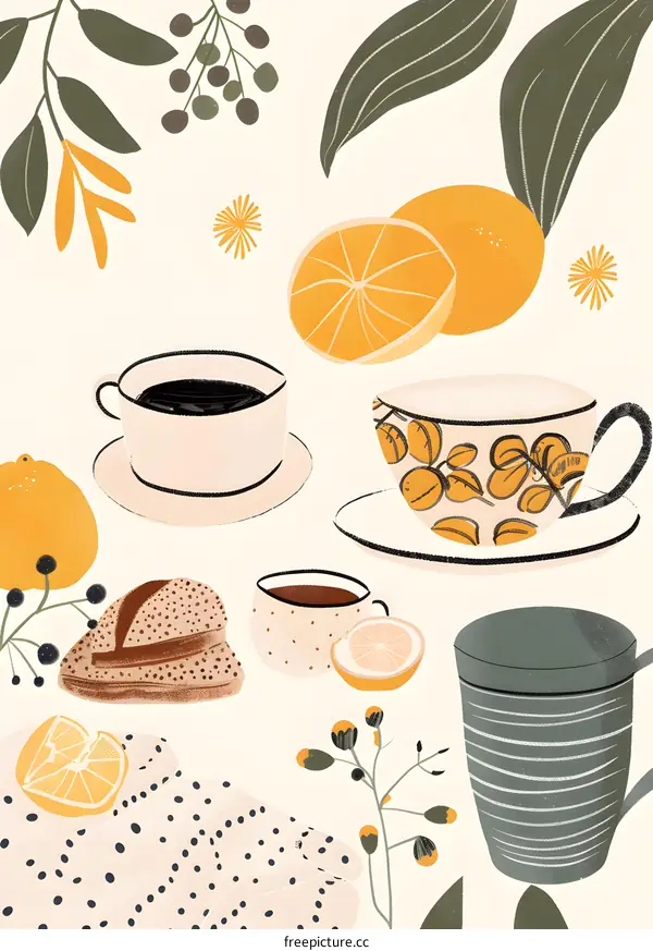 Cozy Breakfast Illustration with Coffee, Tea, Bread, Lemon and Orange