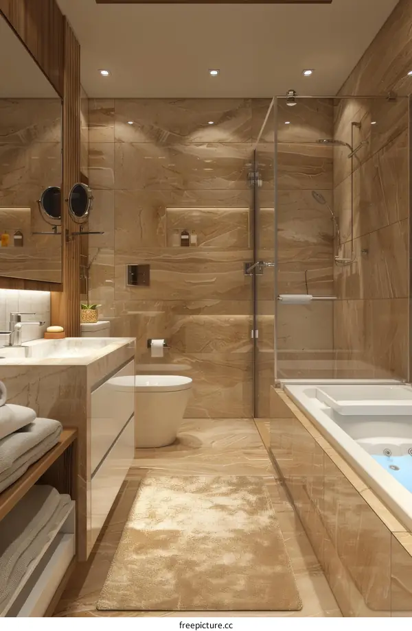 Modern Minimalist Bathroom with Marble and Wood Finishes