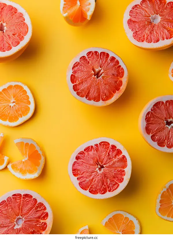 Fresh Grapefruit and Orange Slices on Yellow Background