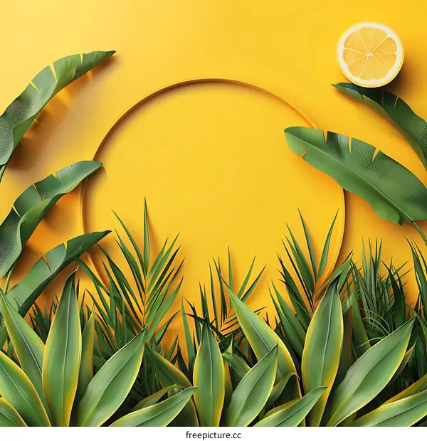 Tropical Leaves and Lemon on Yellow Background