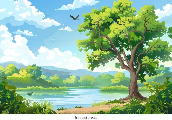 Tranquil Landscape With River And Big Green Tree