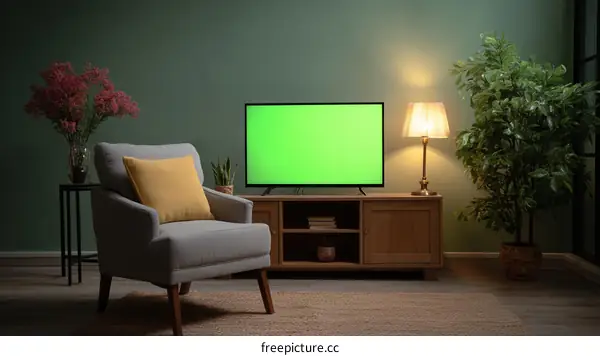 Cozy Living Room Scene with Green Screen TV