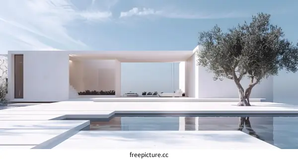 Minimalist Modern House with Swimming Pool and Olive Tree