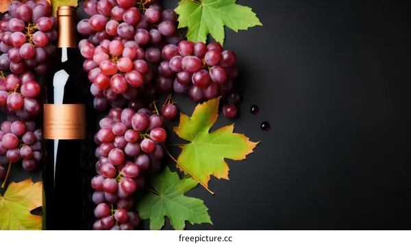Close up of a bottle of red wine and a bunch of red grapes with green leaves on a black background