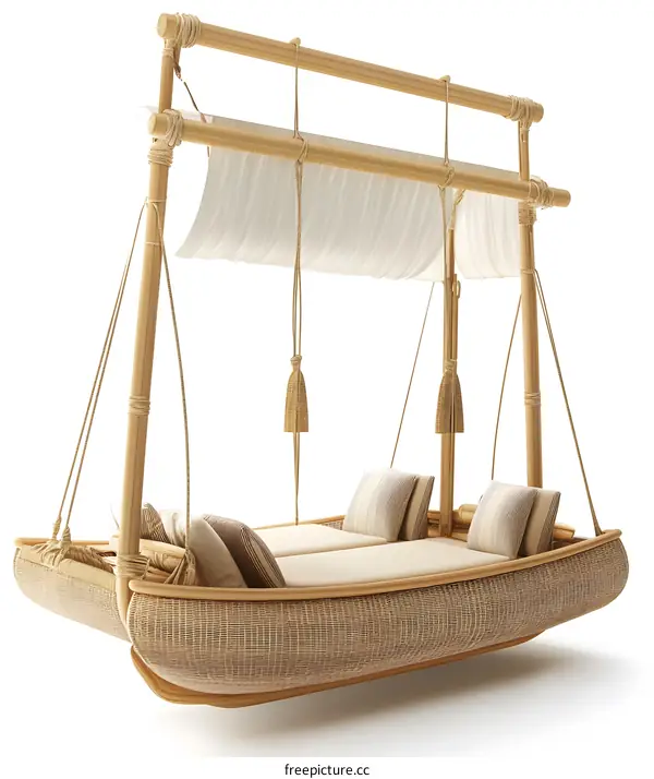 Wooden Boat Shaped Hanging Bed With White Canopy