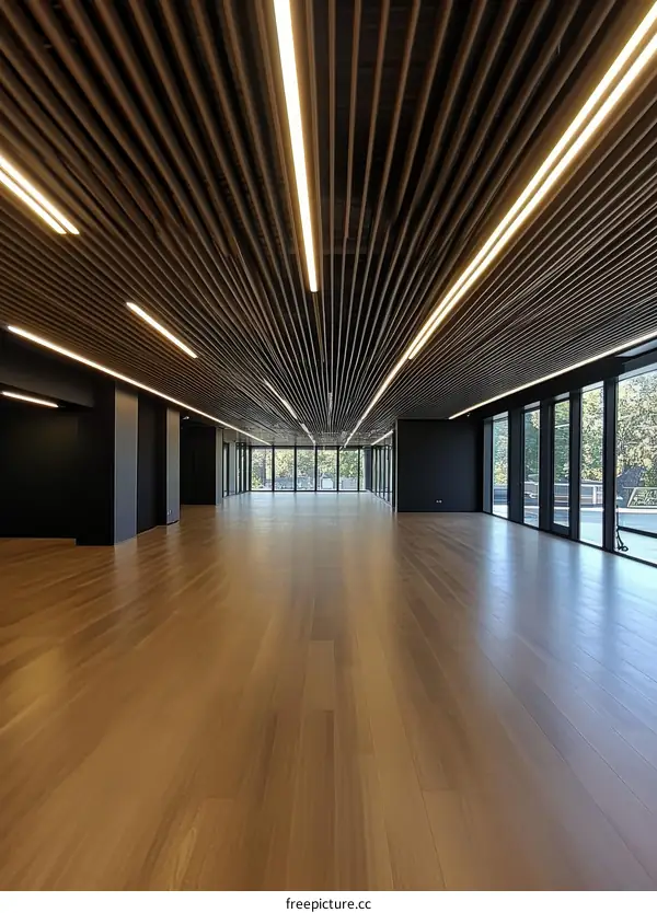 Modern Empty Hall with Wooden Floor and Unique Ceiling Design