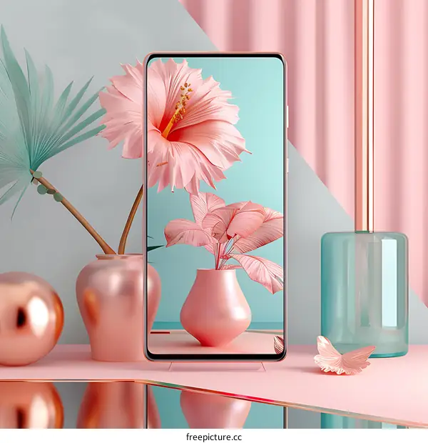 Pink Flowers and a Phone on a Table