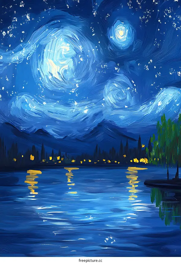 Night Sky With Starry Swirls and Calm Lake