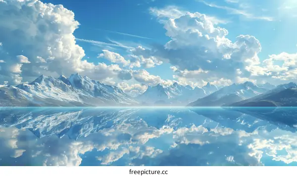 Stunning snow-capped mountain peaks reflect beautifully in the calm lake below, with wispy clouds passing by in the blue sky