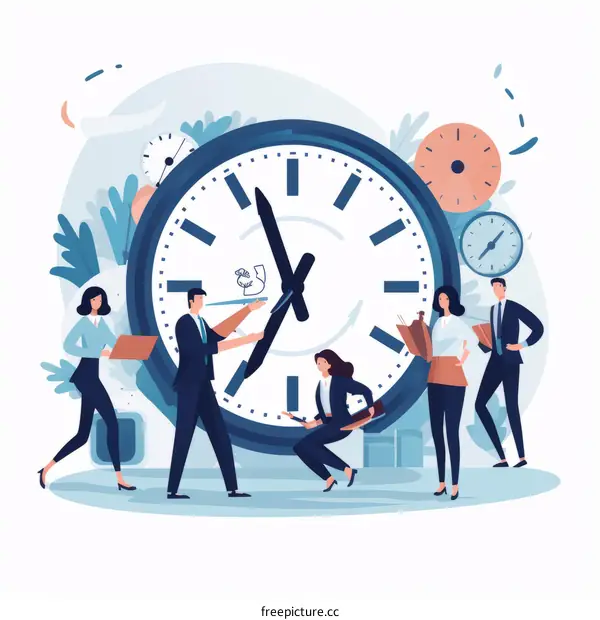 Business people working together to set the time on a clock
