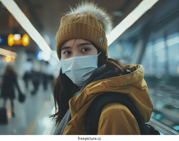 Portrait of a young woman wearing a surgical mask in the airport