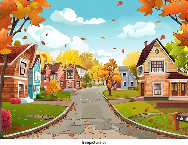 Fall Street Scene with Houses and Autumn Leaves