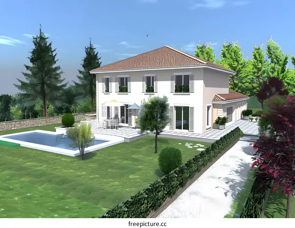 Modern White House with Pool and Garden
