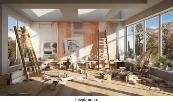 A large room with two ladders, some tools, and paint on the walls