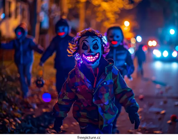 Four children wearing clown masks are walking down a street at night.
