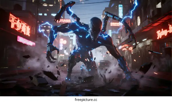 Cybernetic Alien Creature Attacking Urban Environment