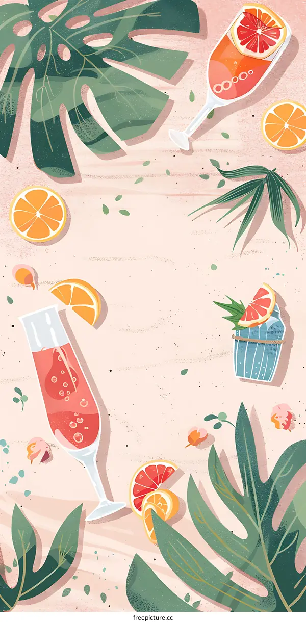 Summer Cocktails and Tropical Leaves Illustration