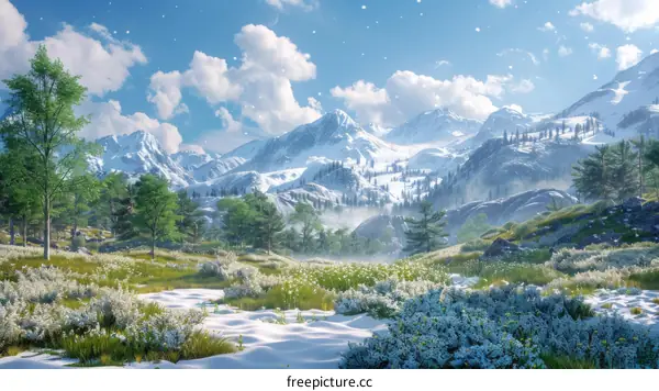 Snowy Mountains with Flowers and Blue Sky
