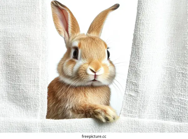 Cute Baby Rabbit Peeking Through White Fabric