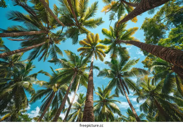 Looking up at the tall coconut trees