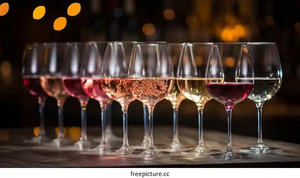 A variety of wines in glasses on a bar counter